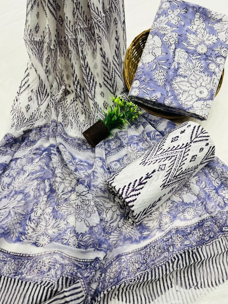 Blue Bell block printed cotton online dress fabric with chiffon dupatta