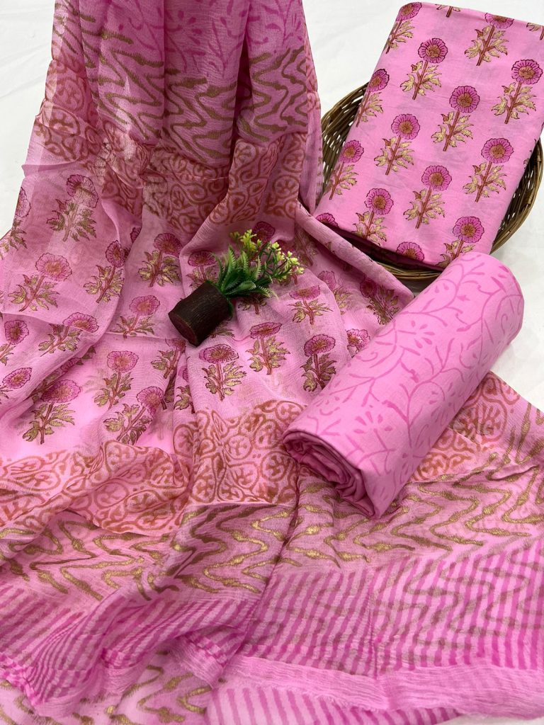 Brilliant Rose cotton dress fabric online with chiffon dupatta