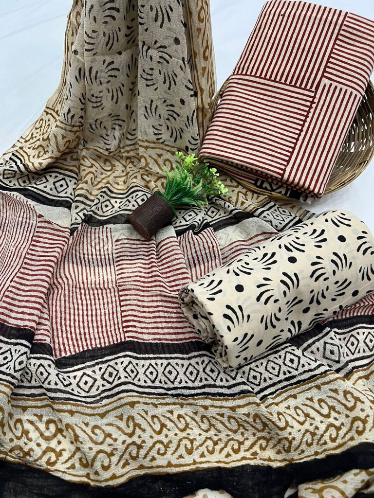 Red bagru print cotton fabric material online with chiffon dupatta