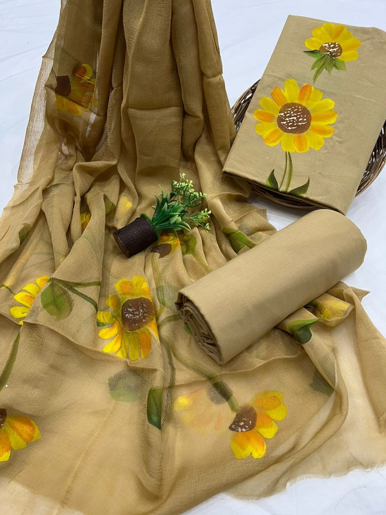 Tan brown hand painted cotton dress material fabric with chiffon dupatta