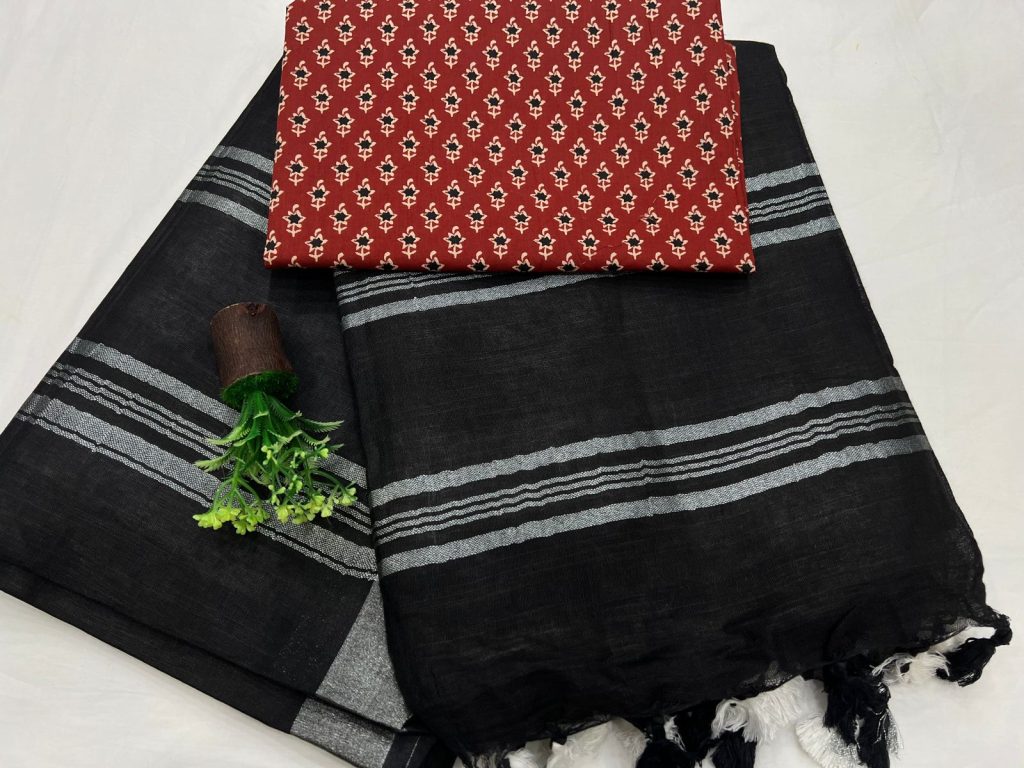 Black plain linen cotton saree price with printed red blouse