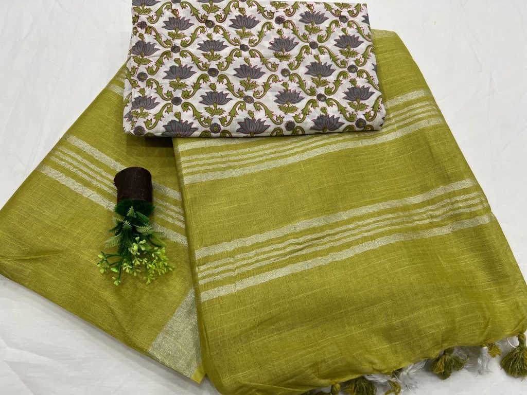 Citron Green plain cheap linen sarees online with cotton blouse