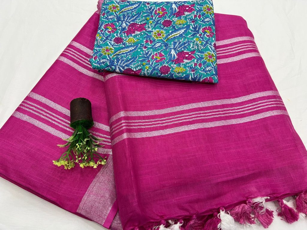 Hollywood Cerise Color plain Pure linen saree online with cotton blouse