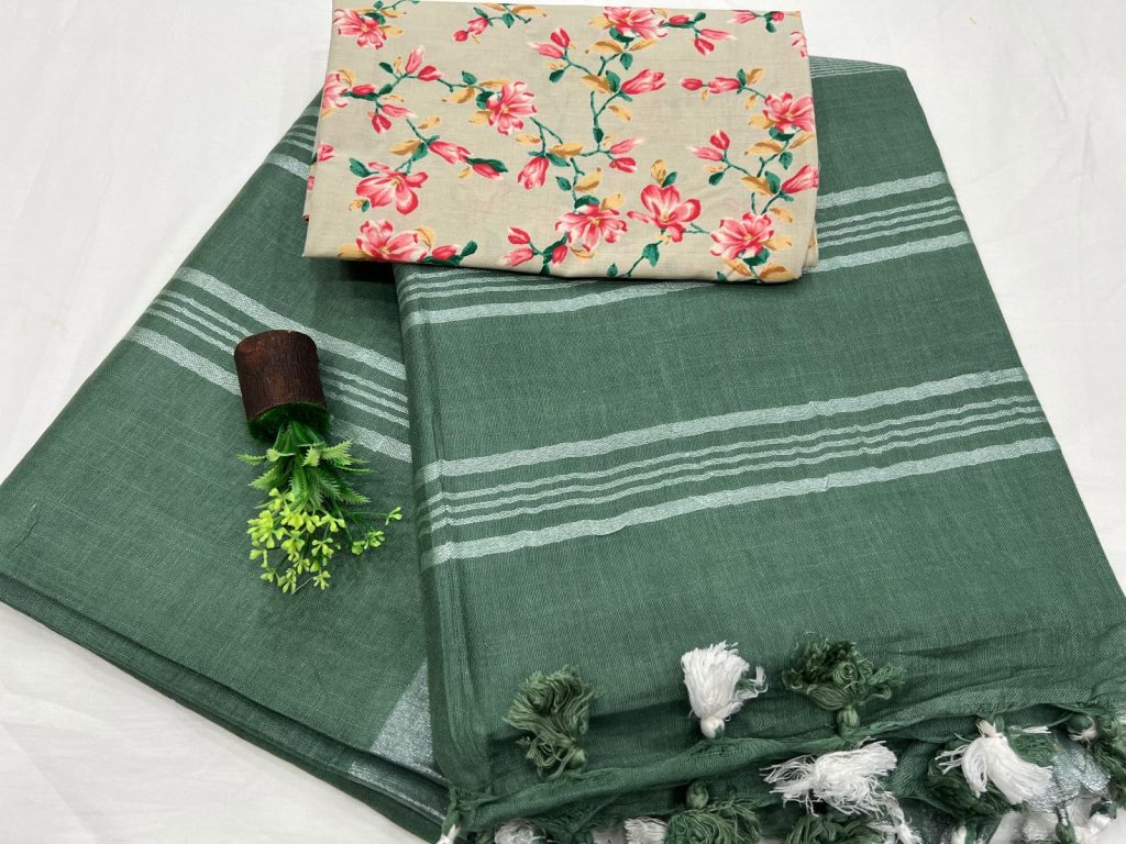 Viridian Green plain saree with silver border and cotton blouse