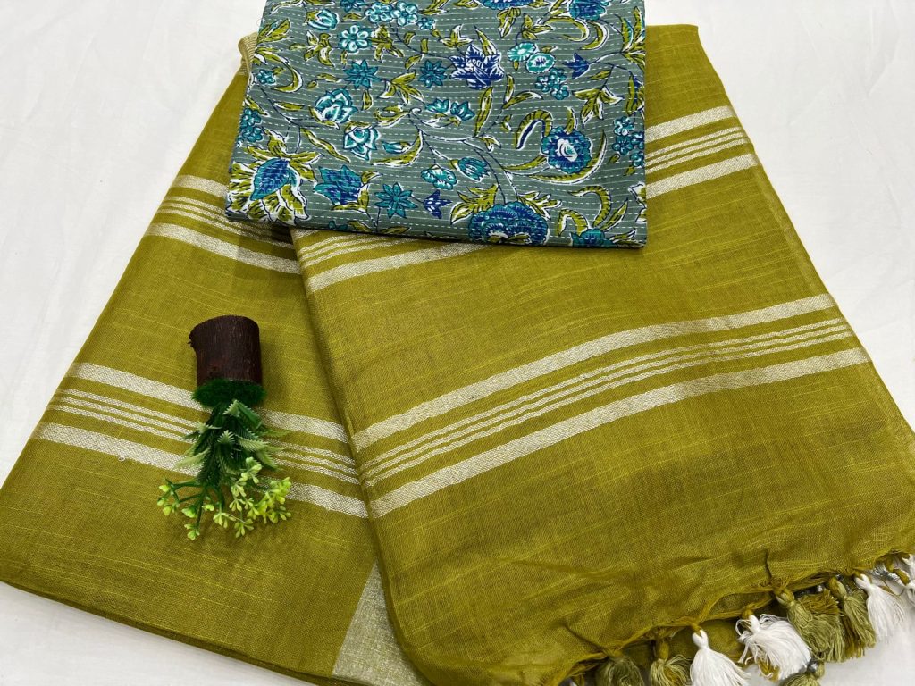 Olive Green plain linen sarees for women with printed cotton blouse