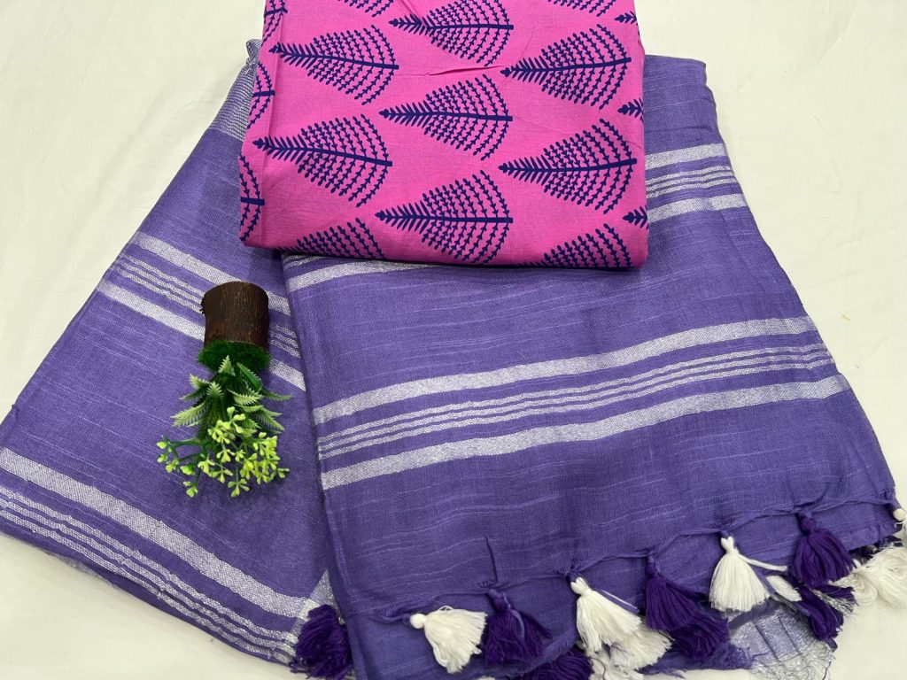 Violet plain linen simple sadi with printed cotton blouse