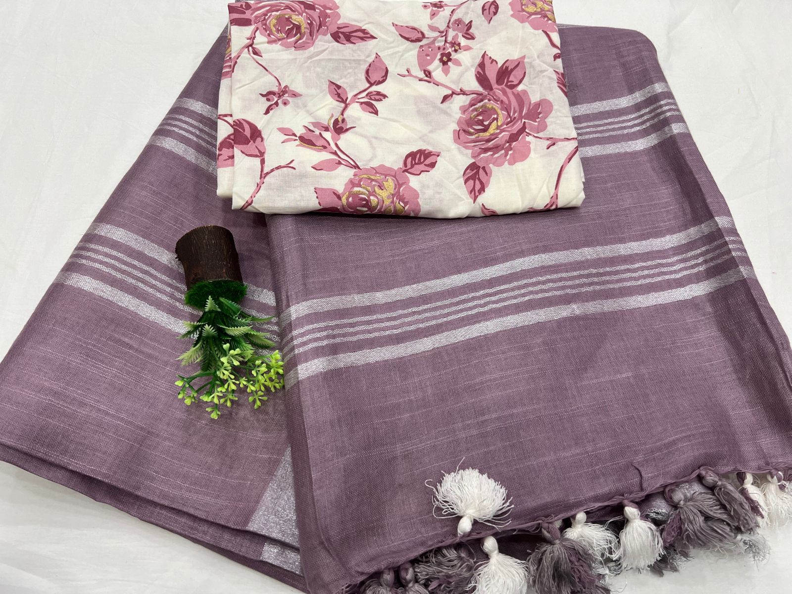 Mountbatten Pink linen plain sarees latest with printed cotton blouse