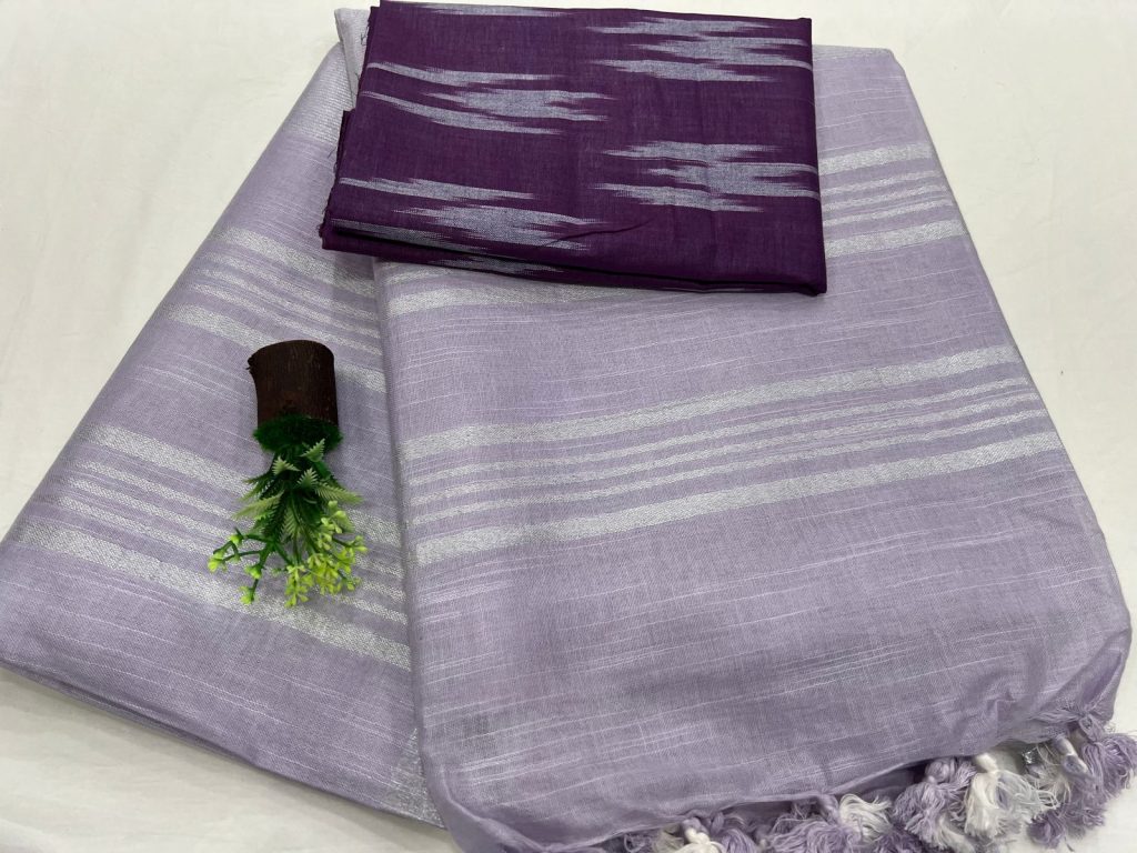 Purple plain linen new saree collection with printed cotton blouse