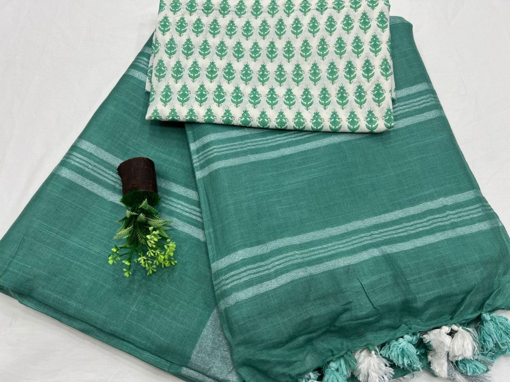 Teal Green plain linen latest sarees with price with printed cotton blouse