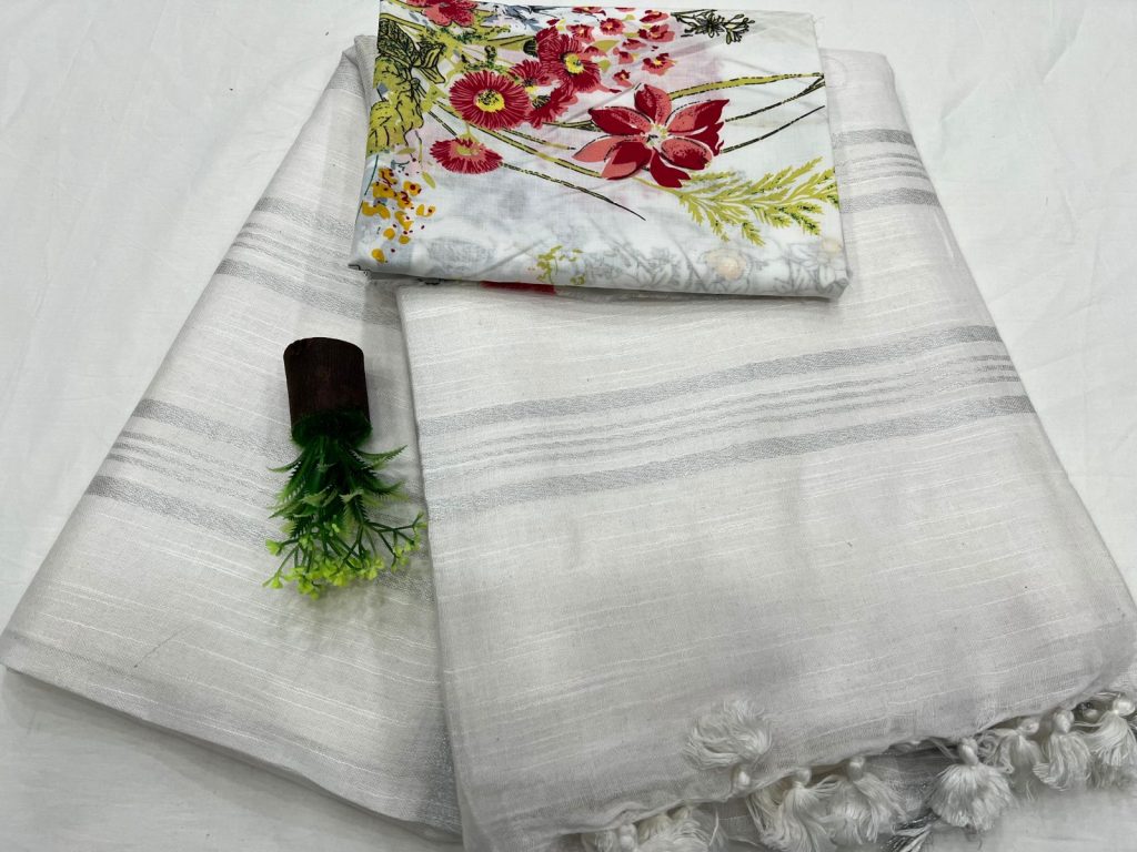 White plain linen saree with white printed blouse
