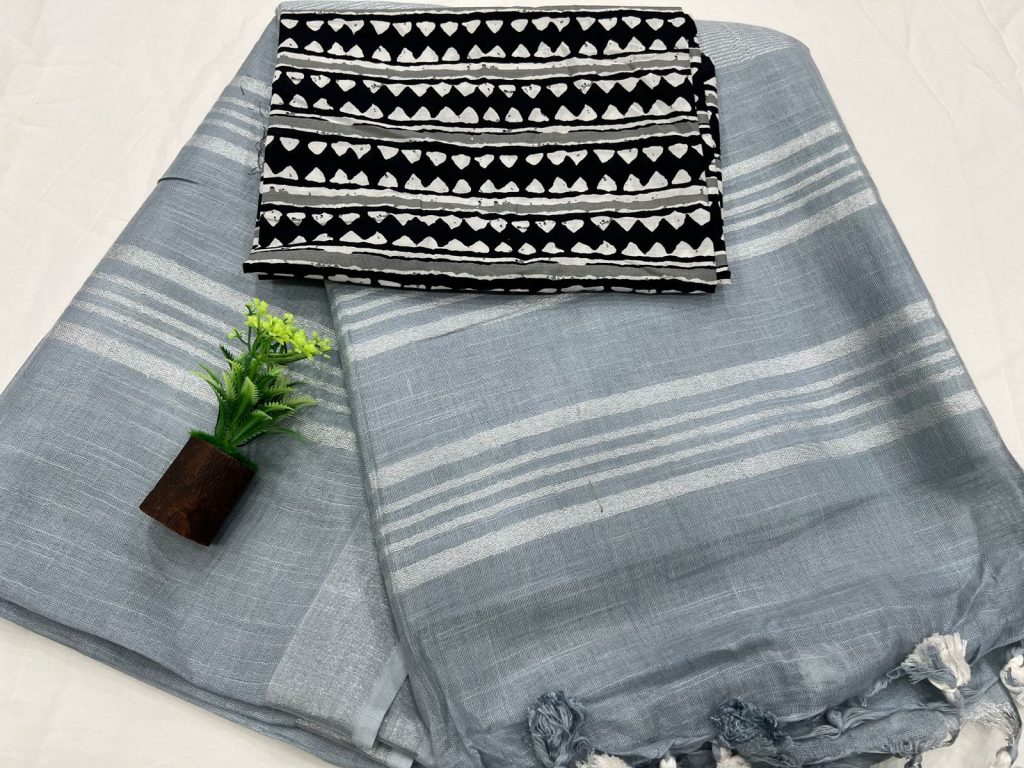 DimGray plain linen saree with printed cotton blouse
