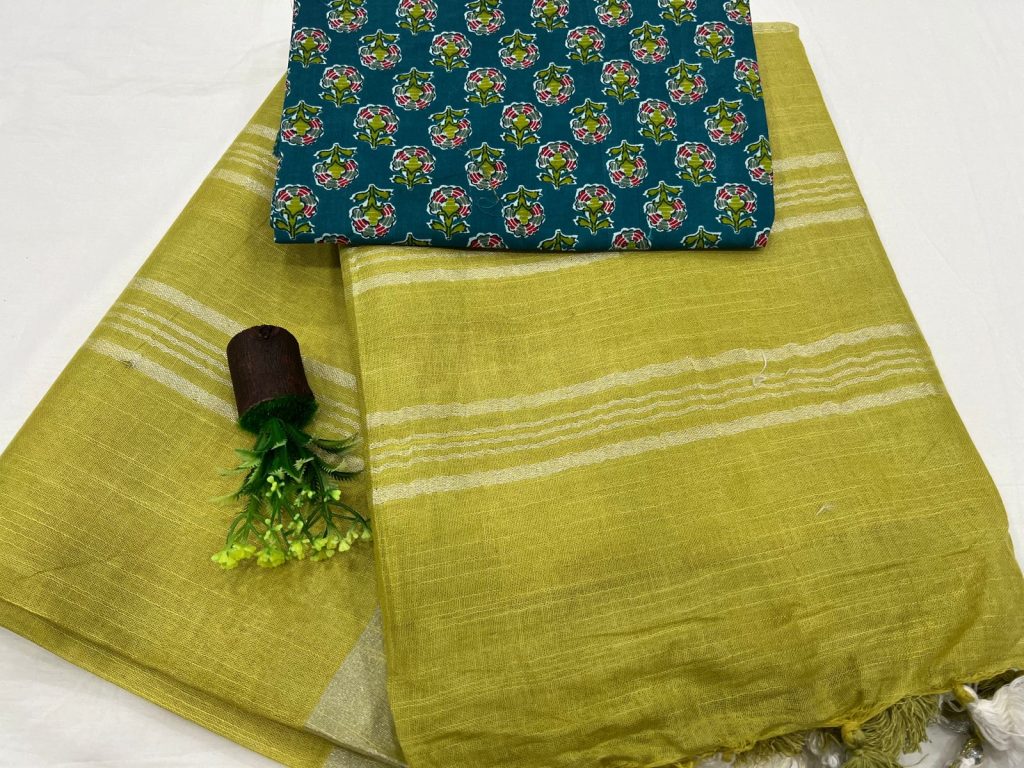 Citron Green pure linen tissue sarees with cotton blouse