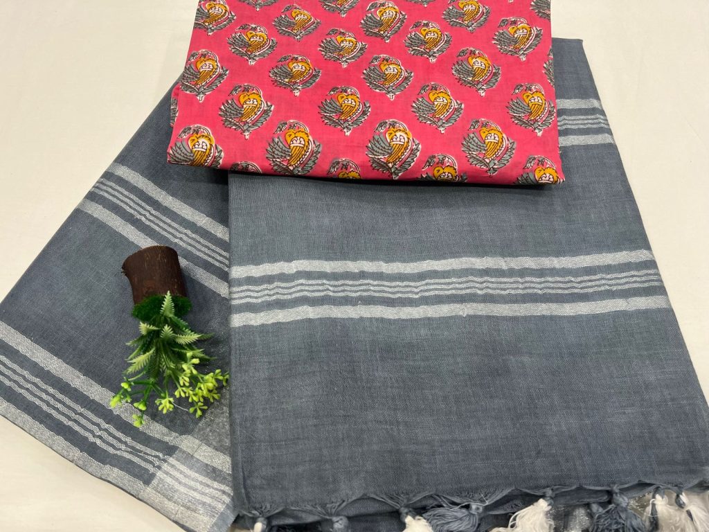 Slate gray linen sarees online with cotton blouse