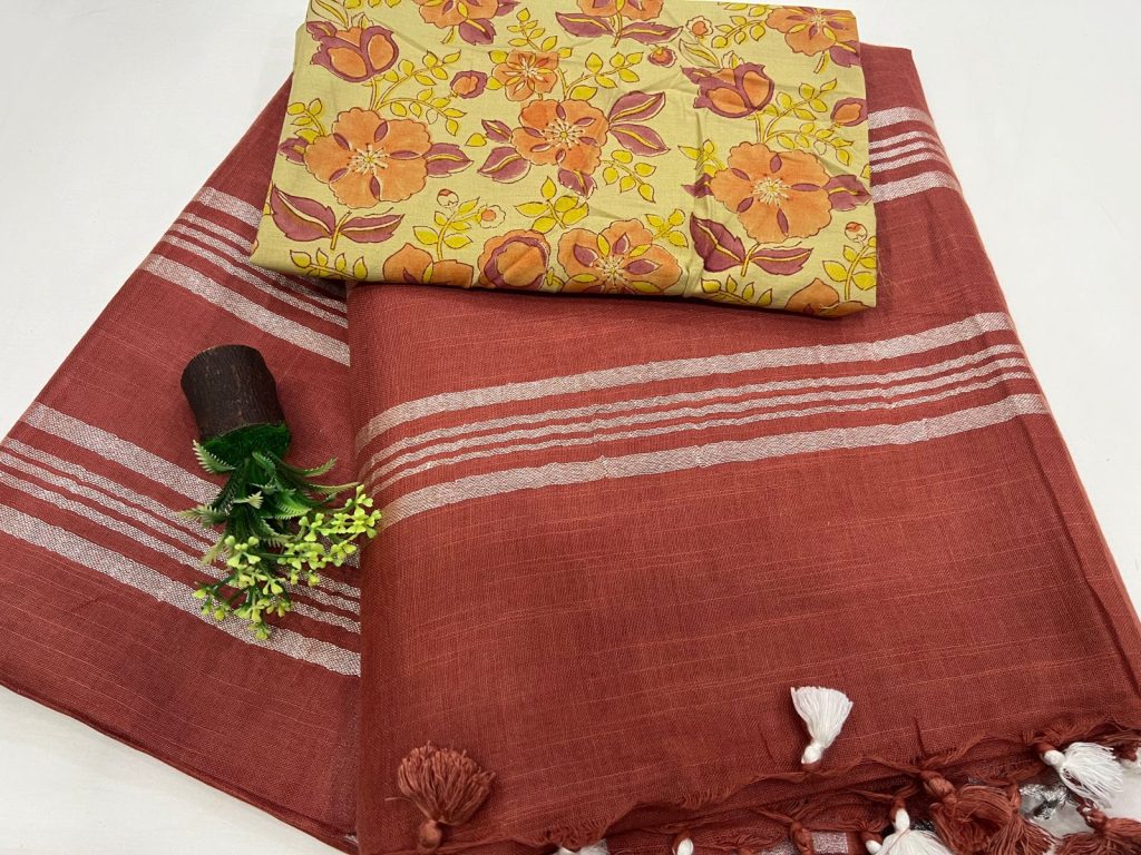Chestnut linen cotton saree price with cotton blouse