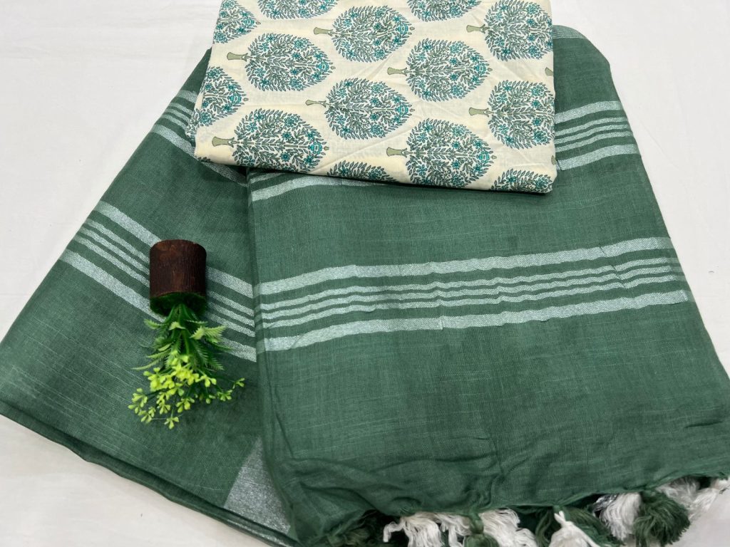 Teal Green pure linen sarees with zari border and cotton blouse