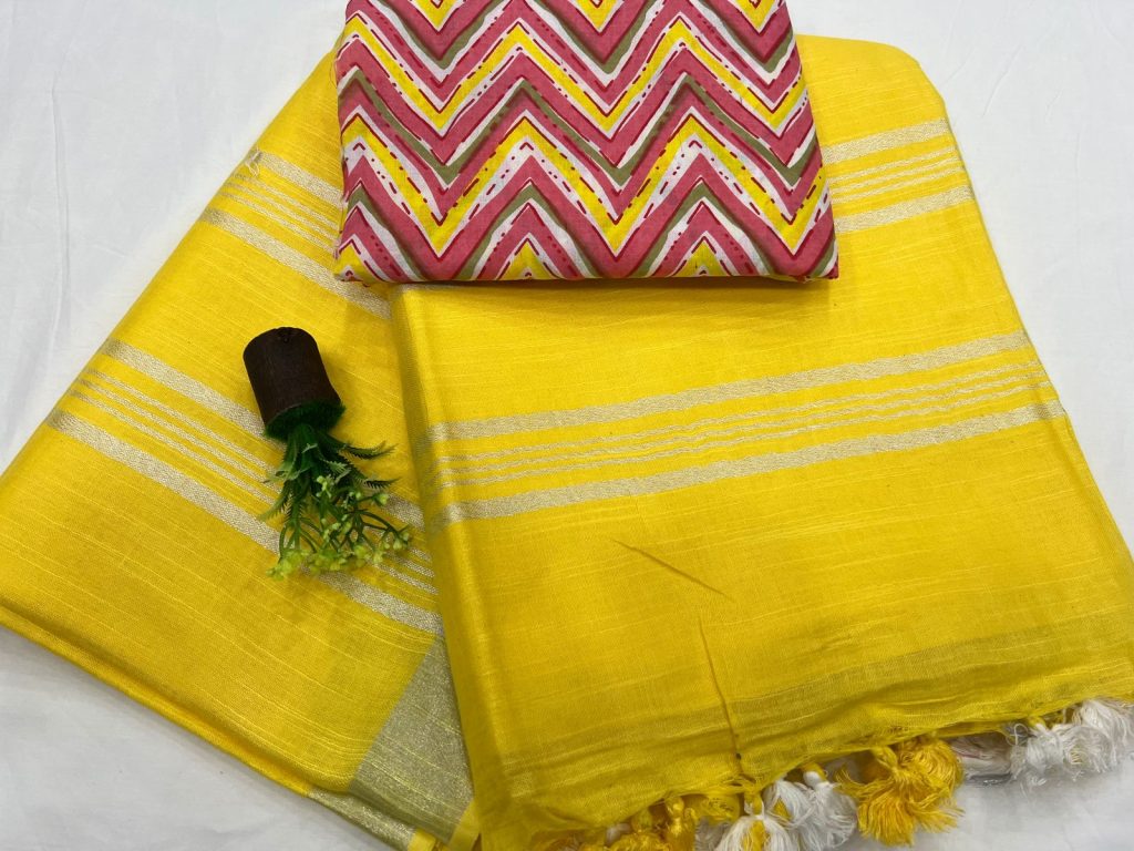 Yellow saree with silver border with cotton blouse