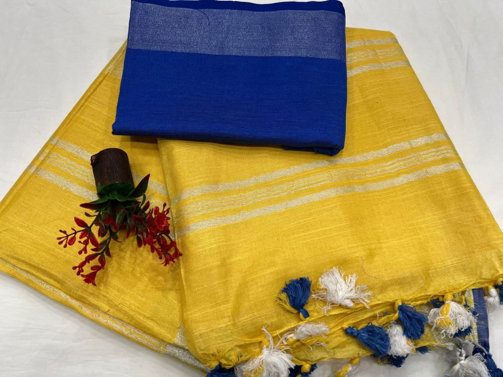 Amber yellow linen latest daily wear saree with linen blouse