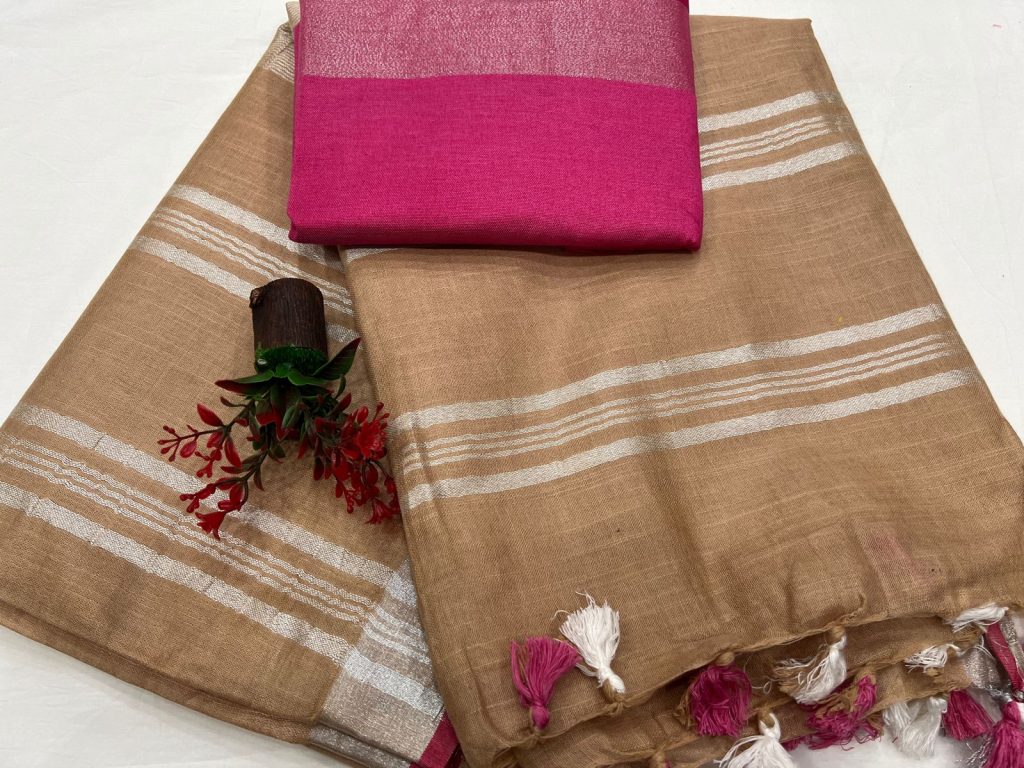 Copper brown linen sarees for women with linen blouse