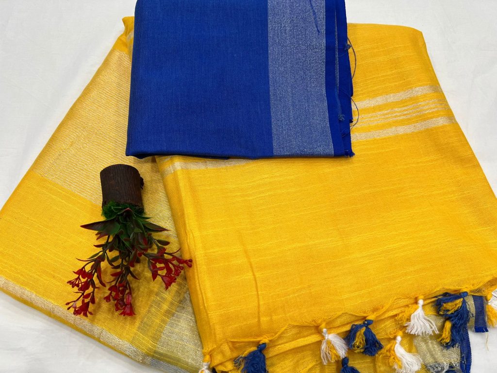 Amber yellow linen plain sarees latest
