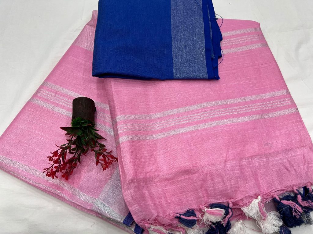 Brilliant Rose pink plain linen office wear saree with linen blouse