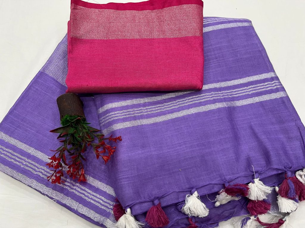 Amethyst plain linen saree with linen blouse designs