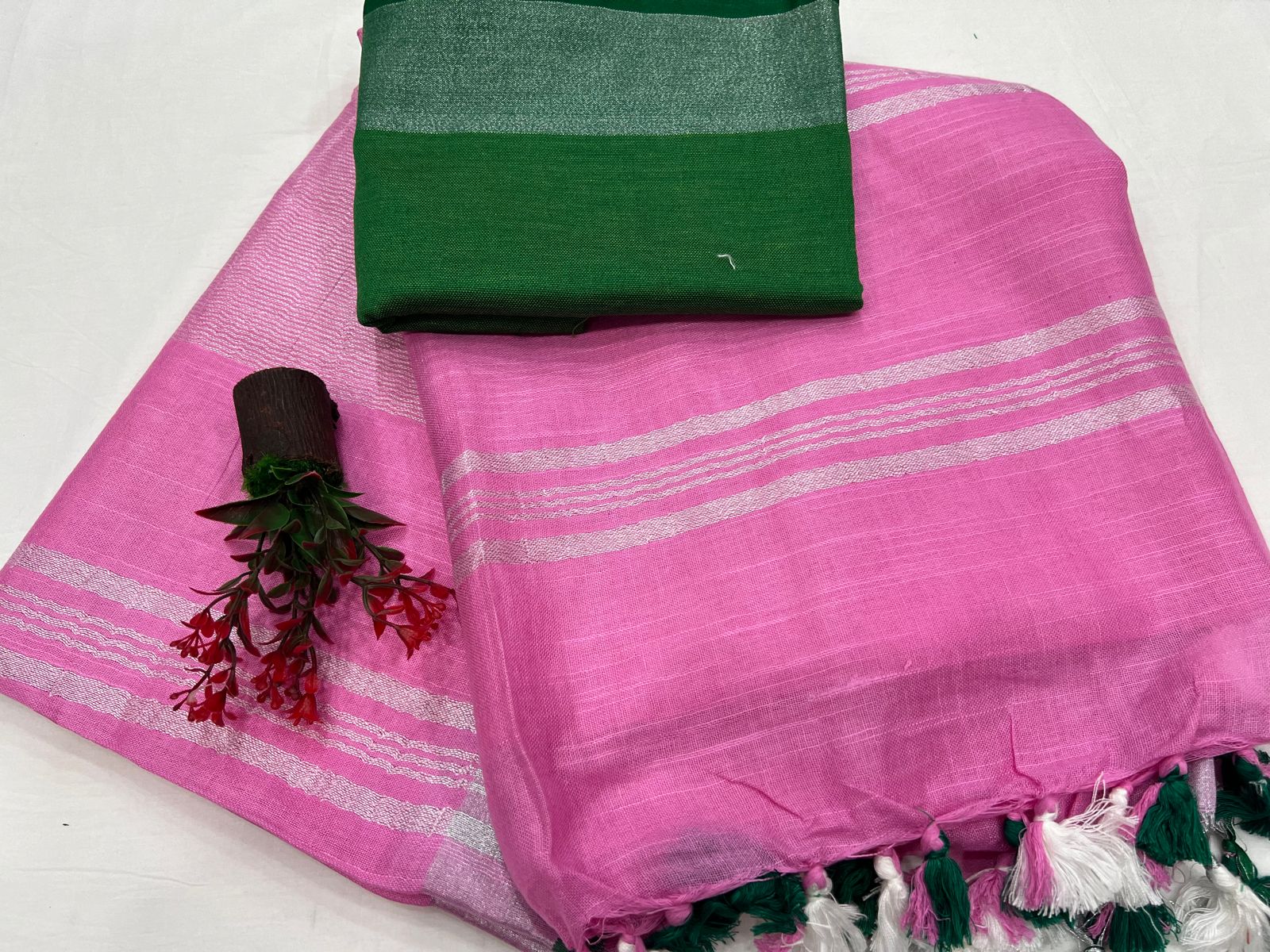 Brilliant Rose pink Plain linen sarees with linen blouse in best price