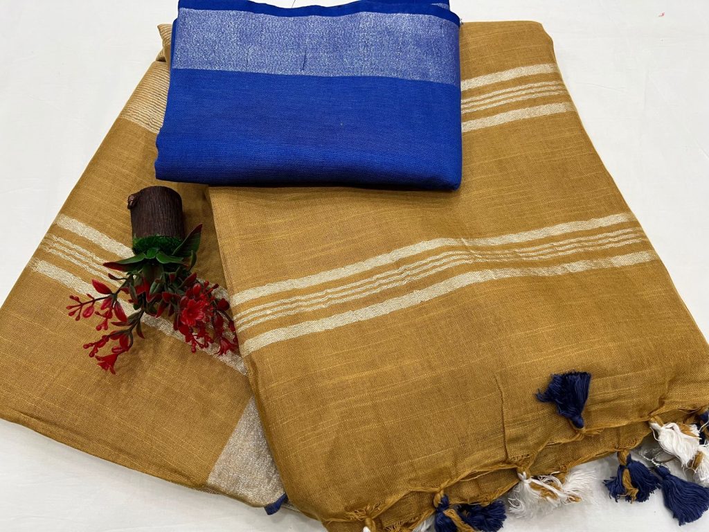Copper linen sarees images with linen blouse