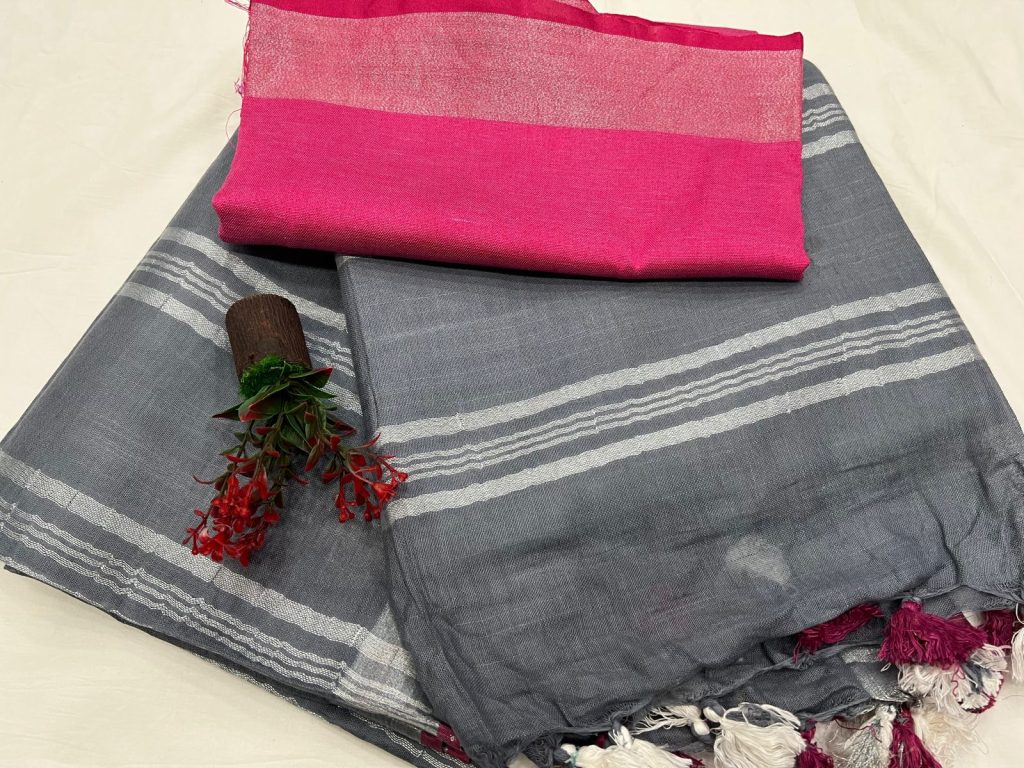 Slate gray linen cotton sarees wholesale with linen blouse