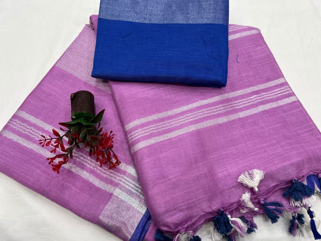 Byzantine pure linen sarees with zari border with linen blouse