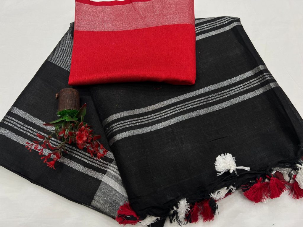 Black cheap linen sarees online with linen blouse