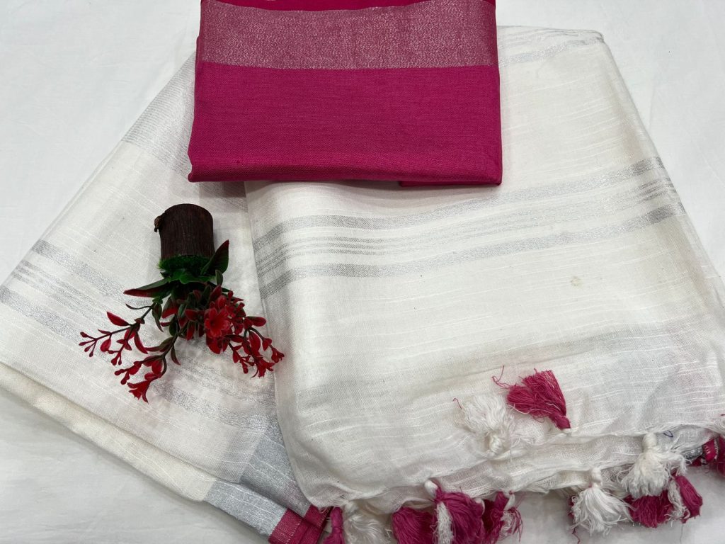 White linen sarees below 1000 with linen blouse