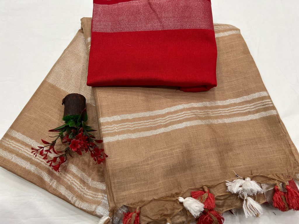 Copper brown Plain linen saree photos with linen blouse