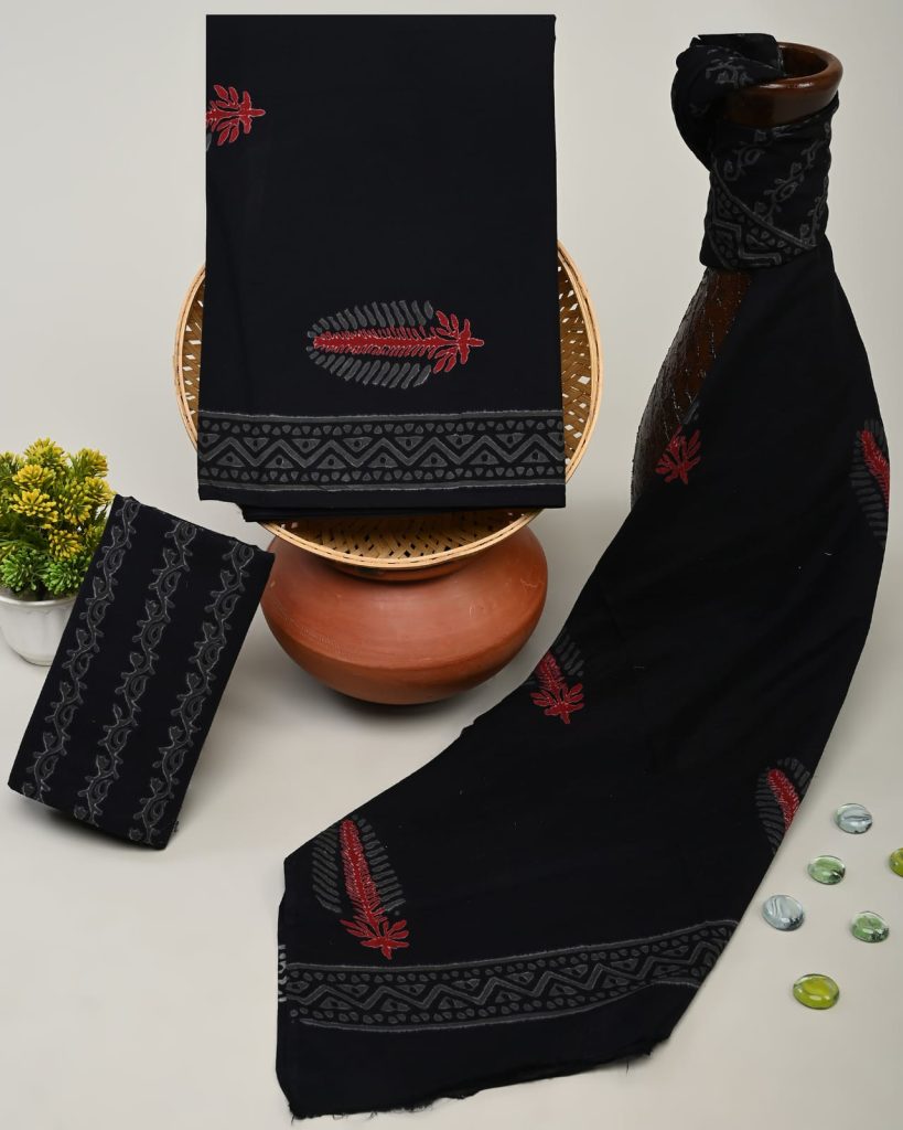 Black unstitched cotton dress material with cotton dupatta