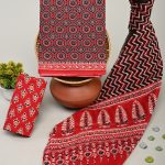 Red printed cotton dress materials at low price with cotton dupatta