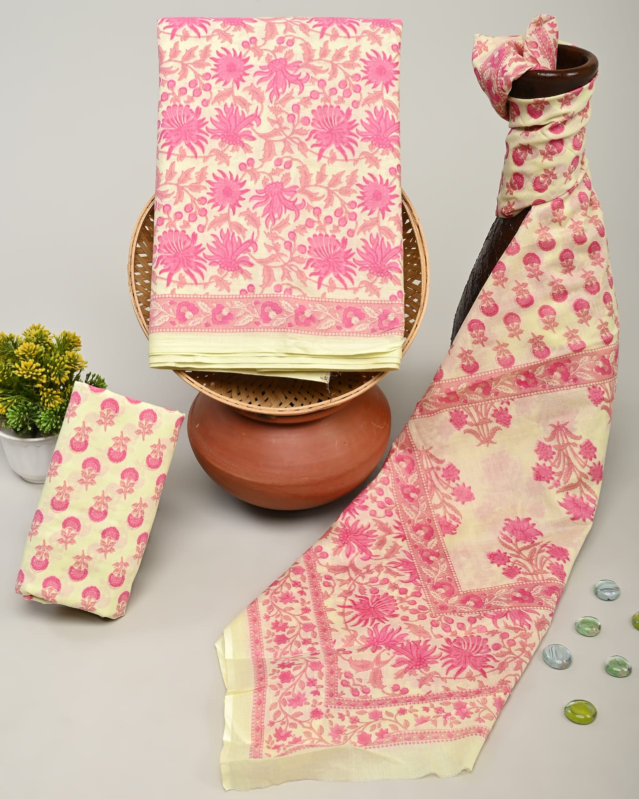 AntiqueWhite and pink cotton dress material online with cotton dupatta