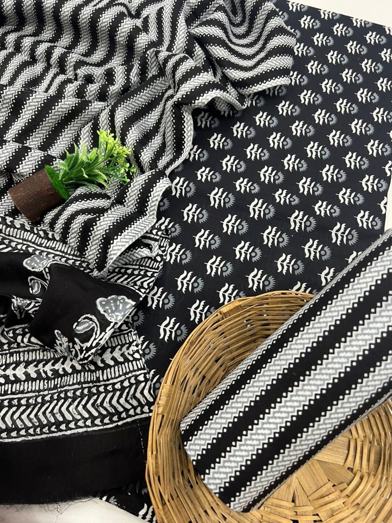 Black cotton dress material fabric with cotton dupatta