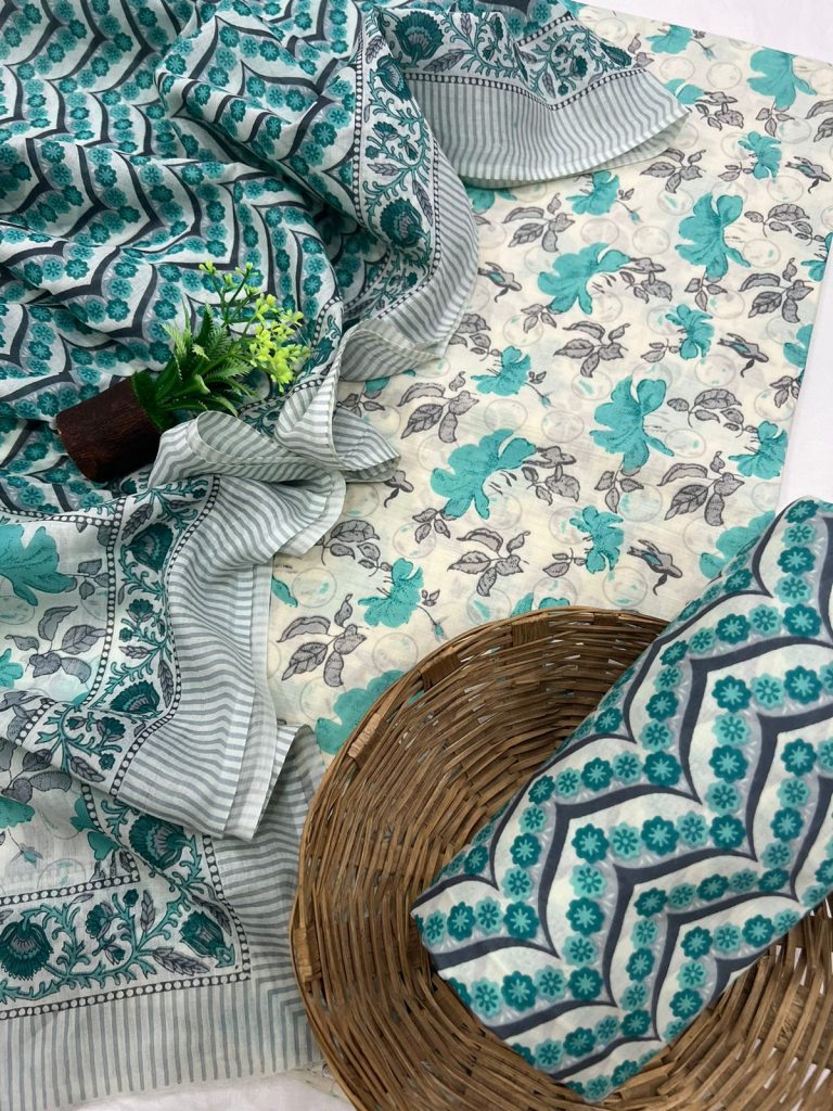 Caribbean Green cotton online dress fabric with cotton dupatta