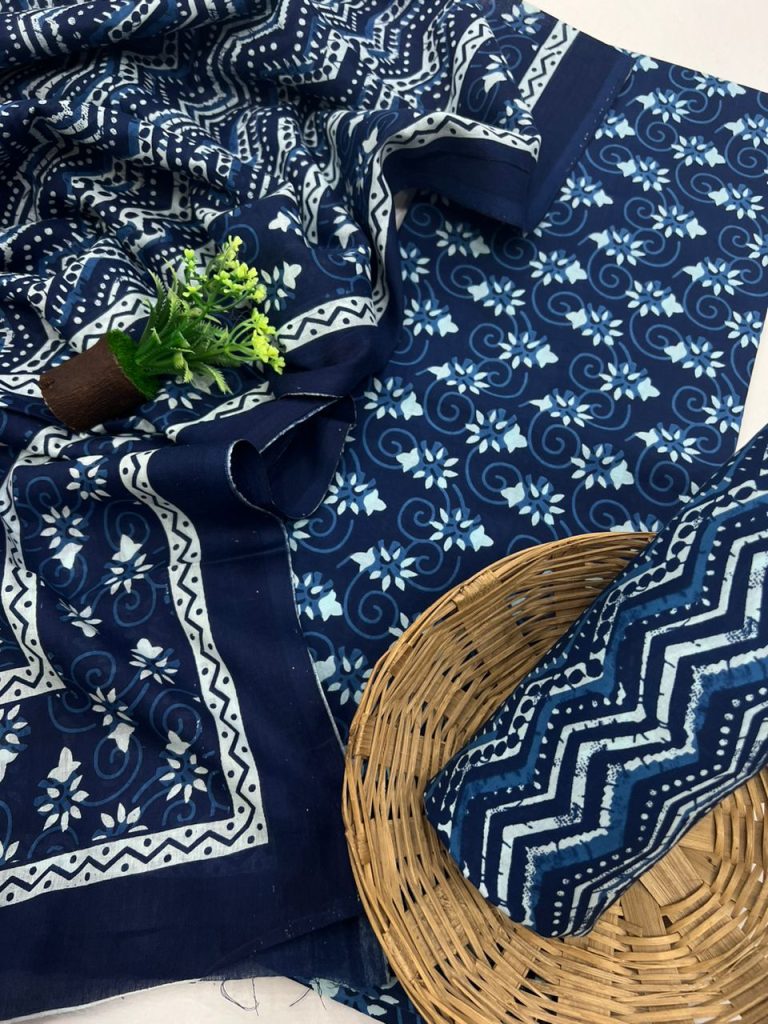Indigo dabu blue cotton salwar dress material with cotton dupatta