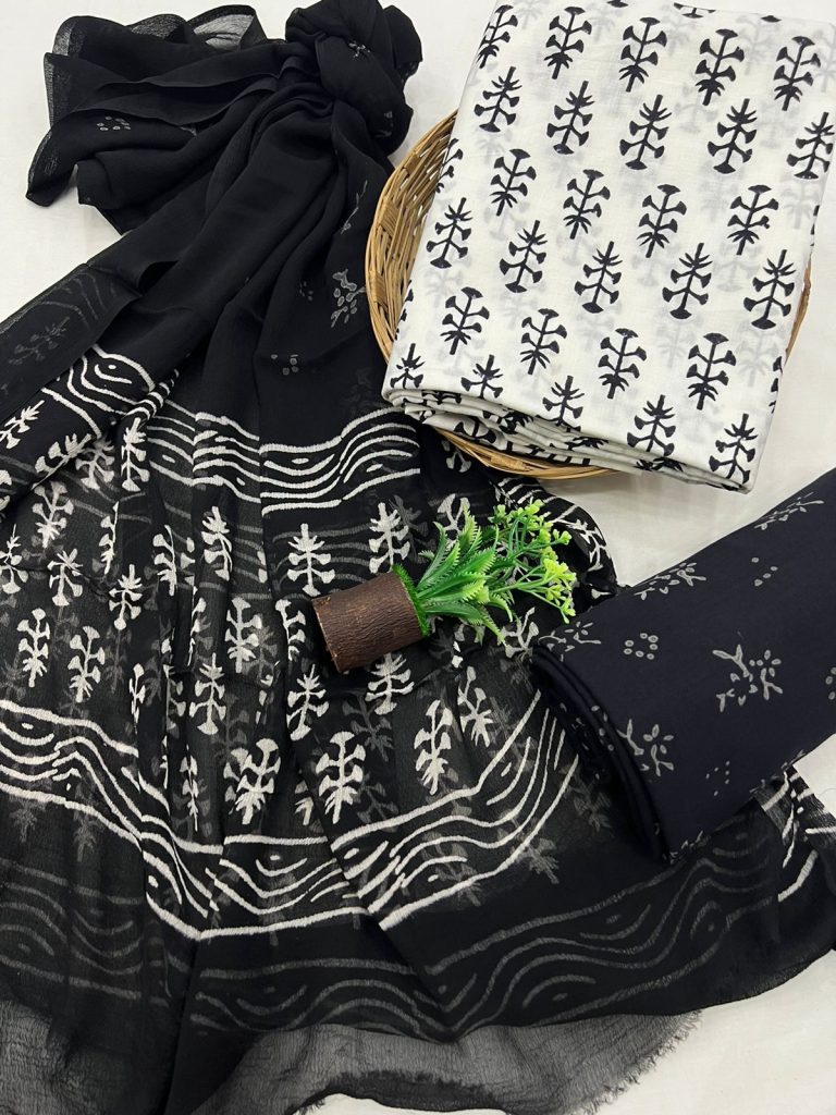 White and black cotton fabric online india with chiffon dupatta