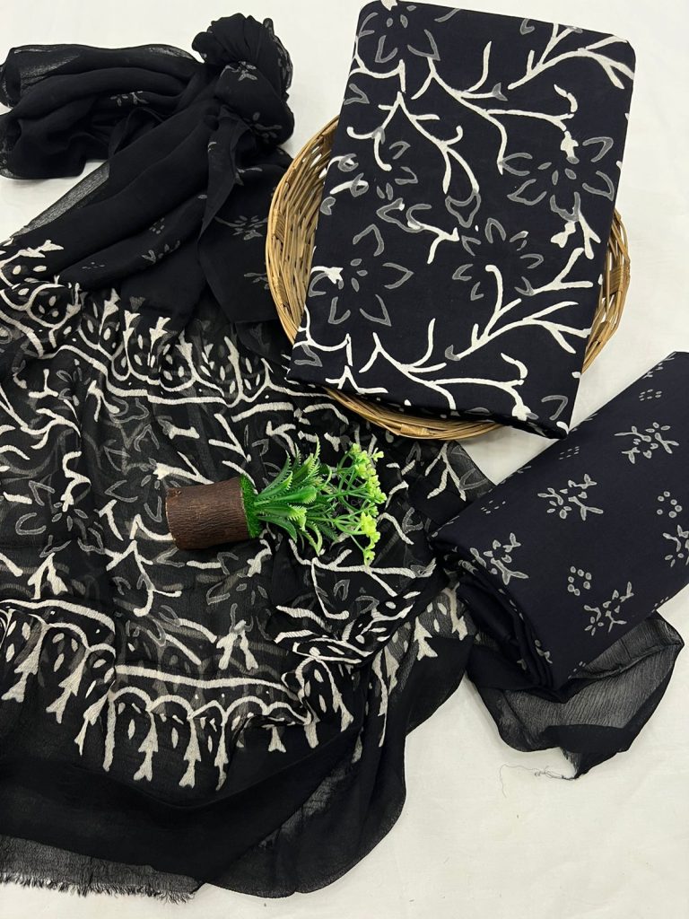 Black pure cotton fabrics with chiffon dupatta