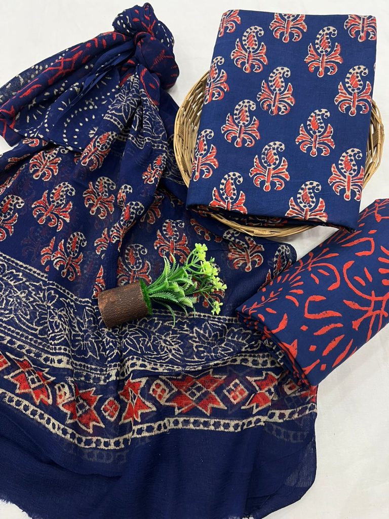 Blue unstitched cotton dress material with chiffon dupatta