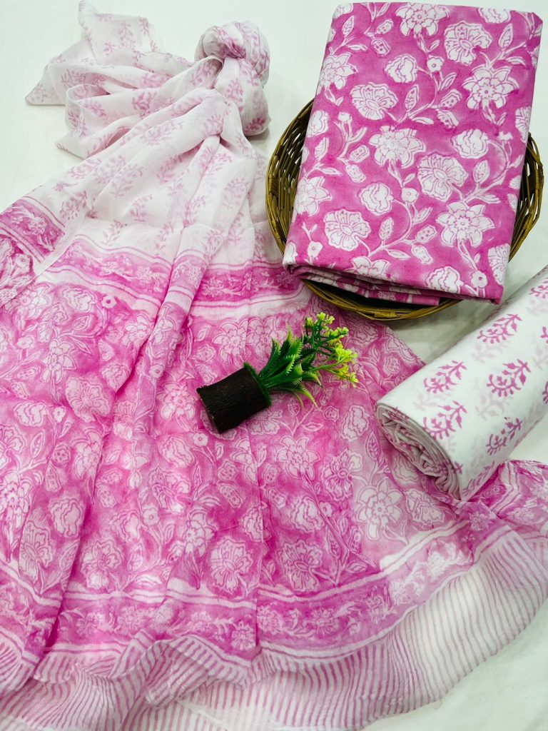 Brilliant Rose cotton dress online india with chiffon dupatta