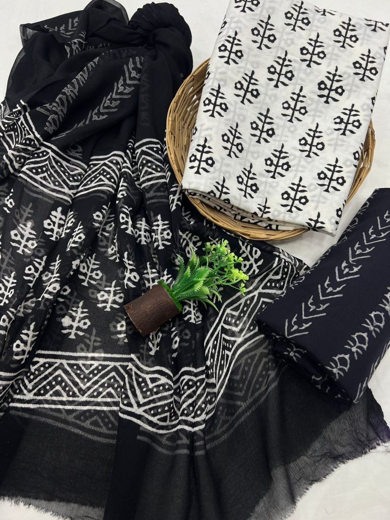 White and black cotton printed fabric wholesale with chiffon dupatta