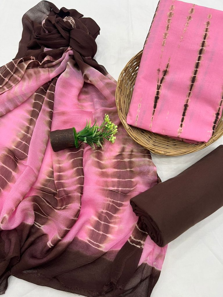 Brilliant Rose shibori print cotton churidar dress with chiffon dupatta