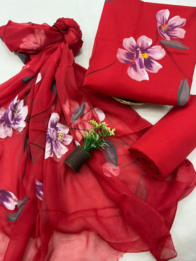 New Alizarin Crimson Hand Brush Painted Chiffon Printed Dupatta Suits