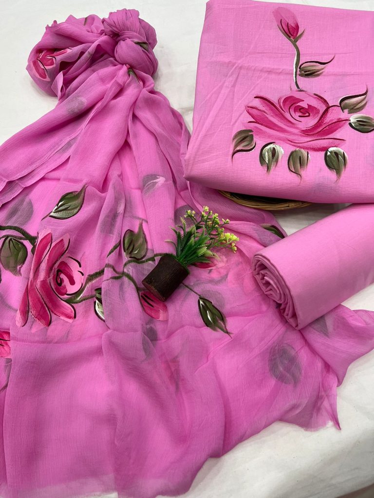 New Baker-Miller Pink Cotton Hand Painting Salwar Kameez With Chiffon Dupatta