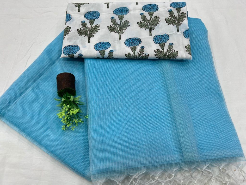 Baby Blue plain kota doria saree with white printed cotton blouse
