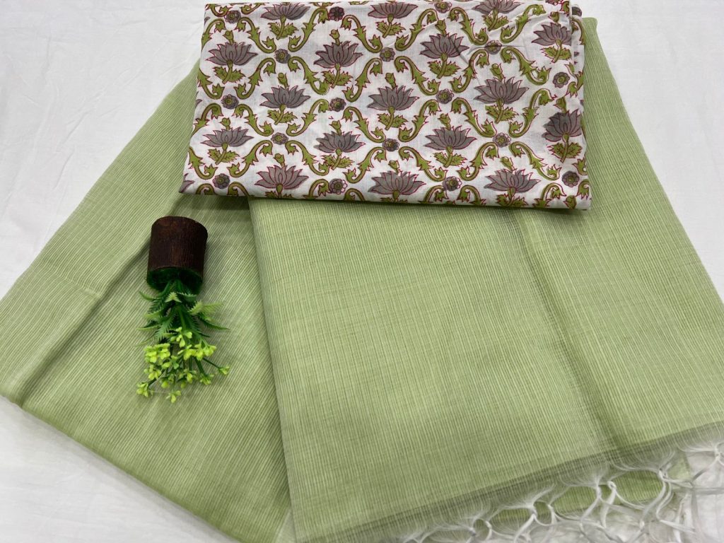 Celadon color plain kota doria saree with cotton printed blouse