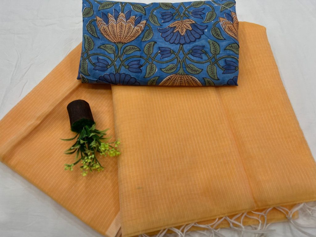Carrot Orange plain kota doria saree with printed cotton blouse