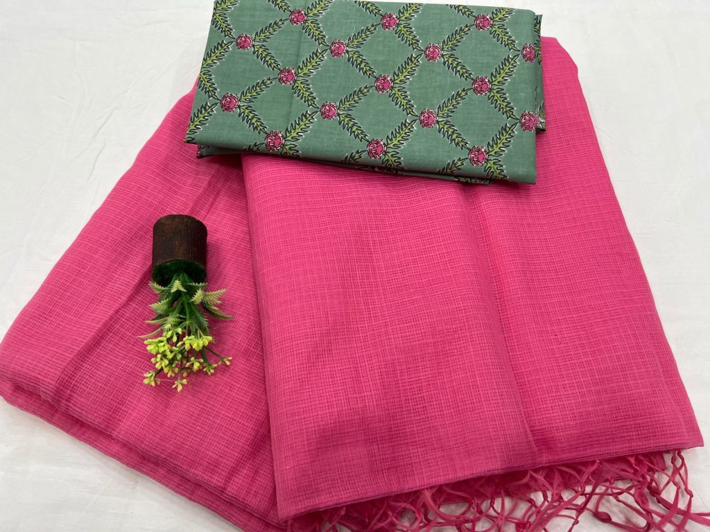 Brink Pink plain kota doria saree with printed cotton blouse